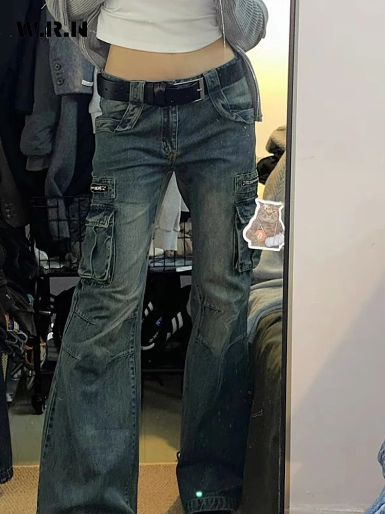 Cargo Pants Women Korean Fashion Big Pocket Femme Flare Pants Spring Summer Casual Mopping Denim Loose Jeans Trousers 240806
