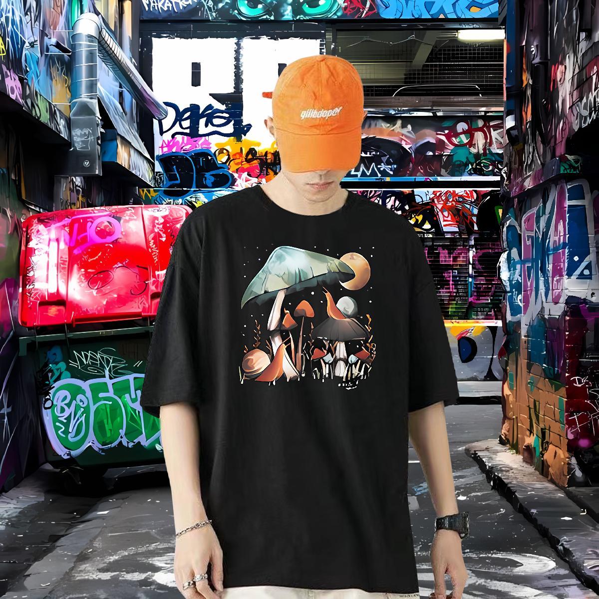 2024 Summer T Shirts Men 230g Pure Cotton mushroom Outdoor Tops Breathable Comfortable Tshirt for Man Woman Skull