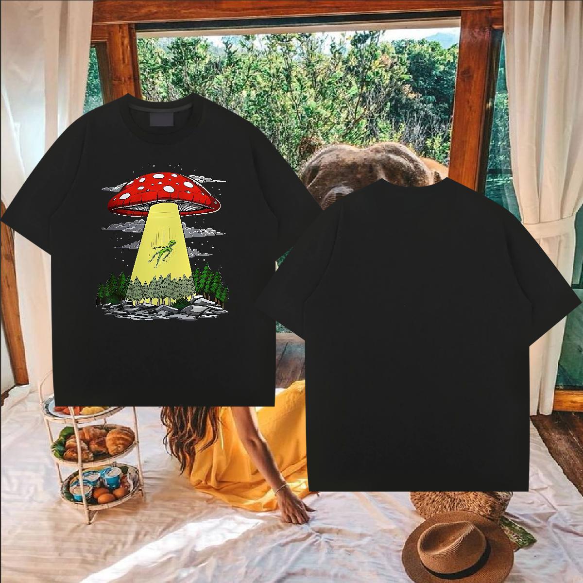 Classic Mens T Shirts 230g 100% Cotton mushroom Daily Outfit Tops Tees Breathable Crew Neck Unisex Men Tops Tees Floral Print