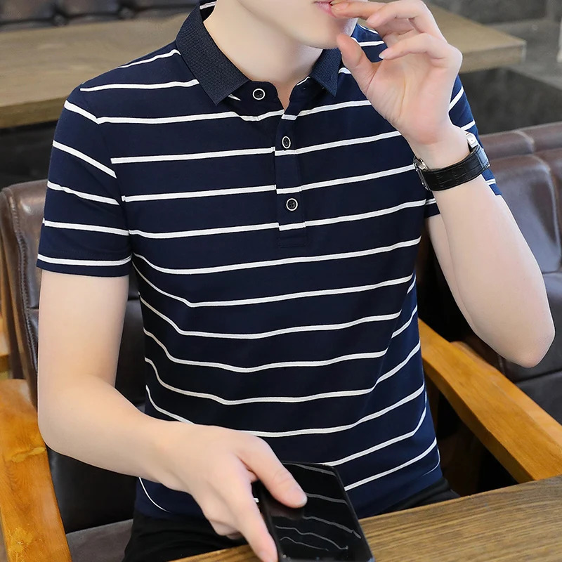 Basic Striped Short Sleeve Polo Shirts Mens Clothing Commute Casual Turn-down Collar Summer Contrasting Colors Slim T-shirts 240806
