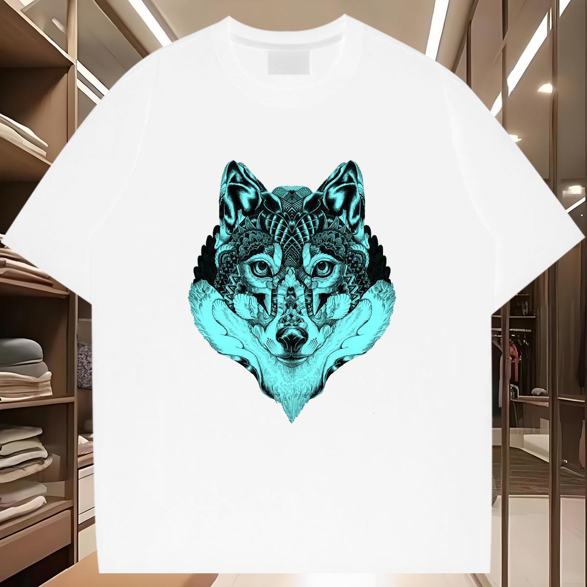New T Shirt For Man 230g 100% Cotton wolf Home Outdoor Clothes Breathable Loose Men Clothes T-Shirt Cartoon Print