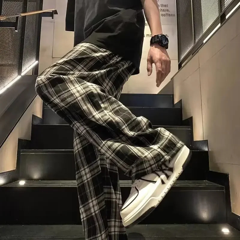 Casual Plaid Mens Pants Japanese Style Vintage Loose Fit Trendy Sports Wide Leg Dragging For Summer 240806