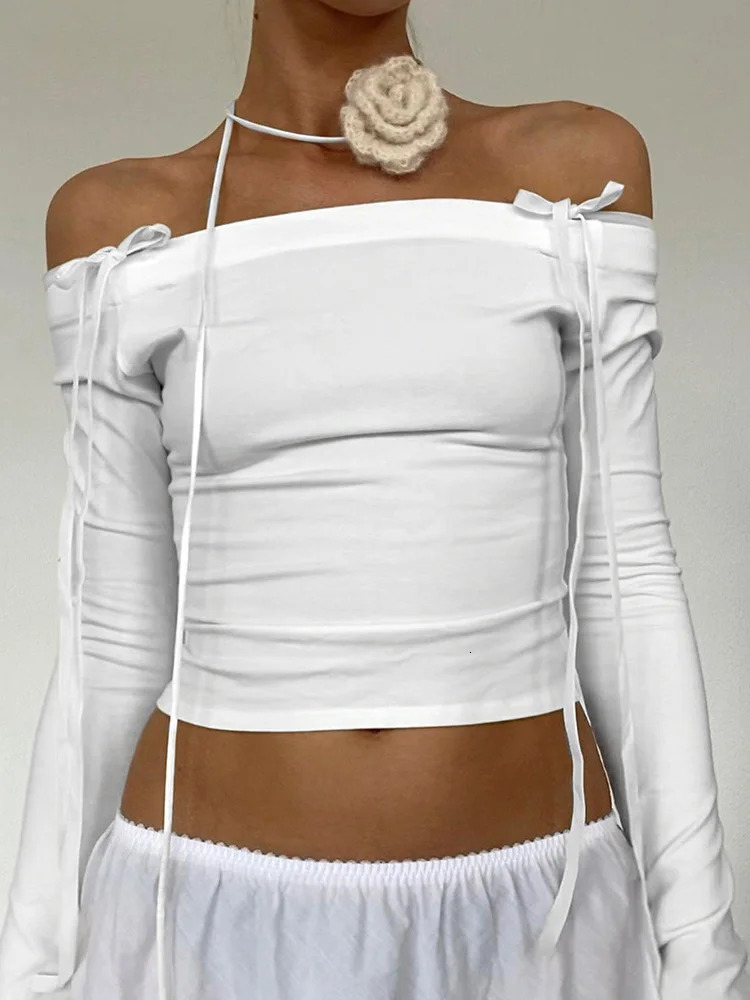 Sexy Bow Off Shoulder Skinny Tops for Women Autumn Winter Y2K Fashion Long Sleeve T-shirts Solid Basic Streetwear 240806