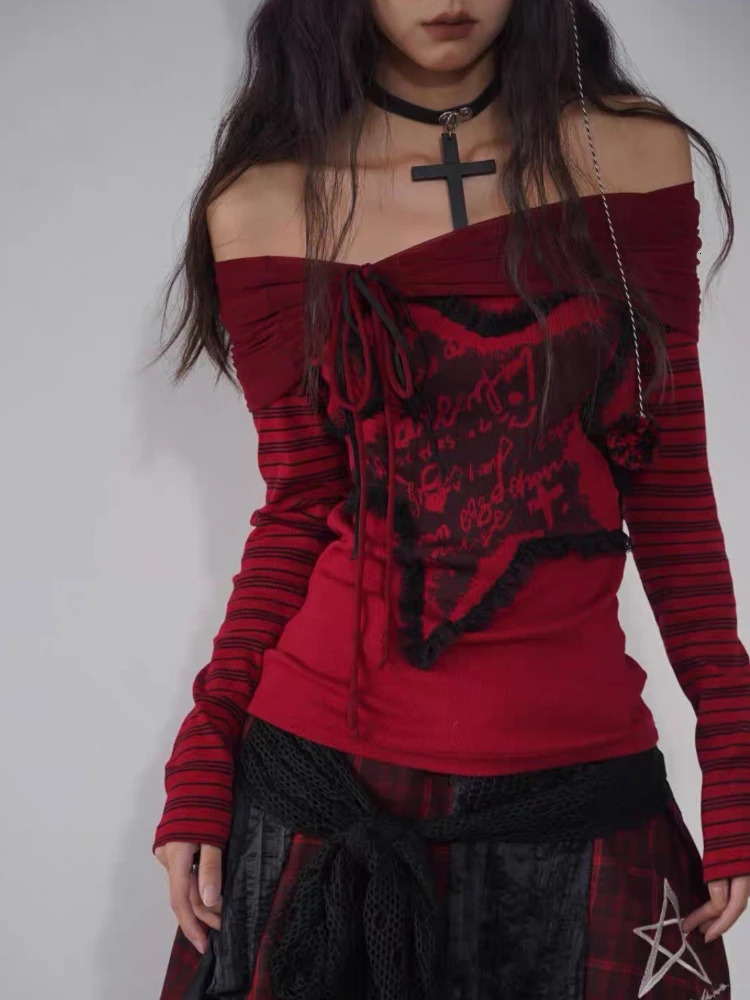DEEPTOWN Japanese Y2k Off Shoulder T-shirt Women Harajuku Gothic Long Sleeve Vintage Red Stripe Star Graphic T Shirts Grunge 240806