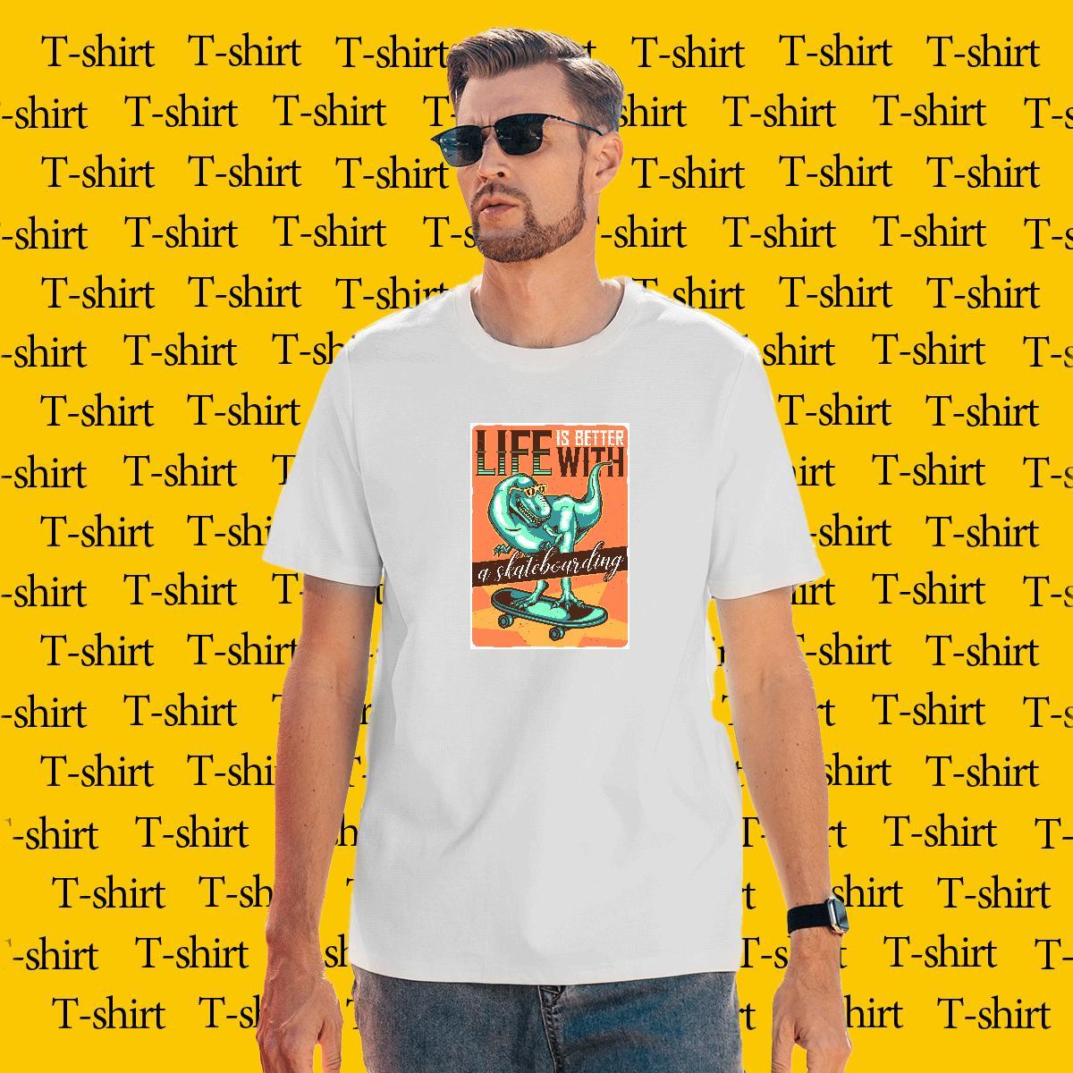 T shirt 230g Cotton dinosaur Anime Printing Street Breathable Short Sleeve Black Oversized Men Tops Tees Fashion Popular Tees Shirts