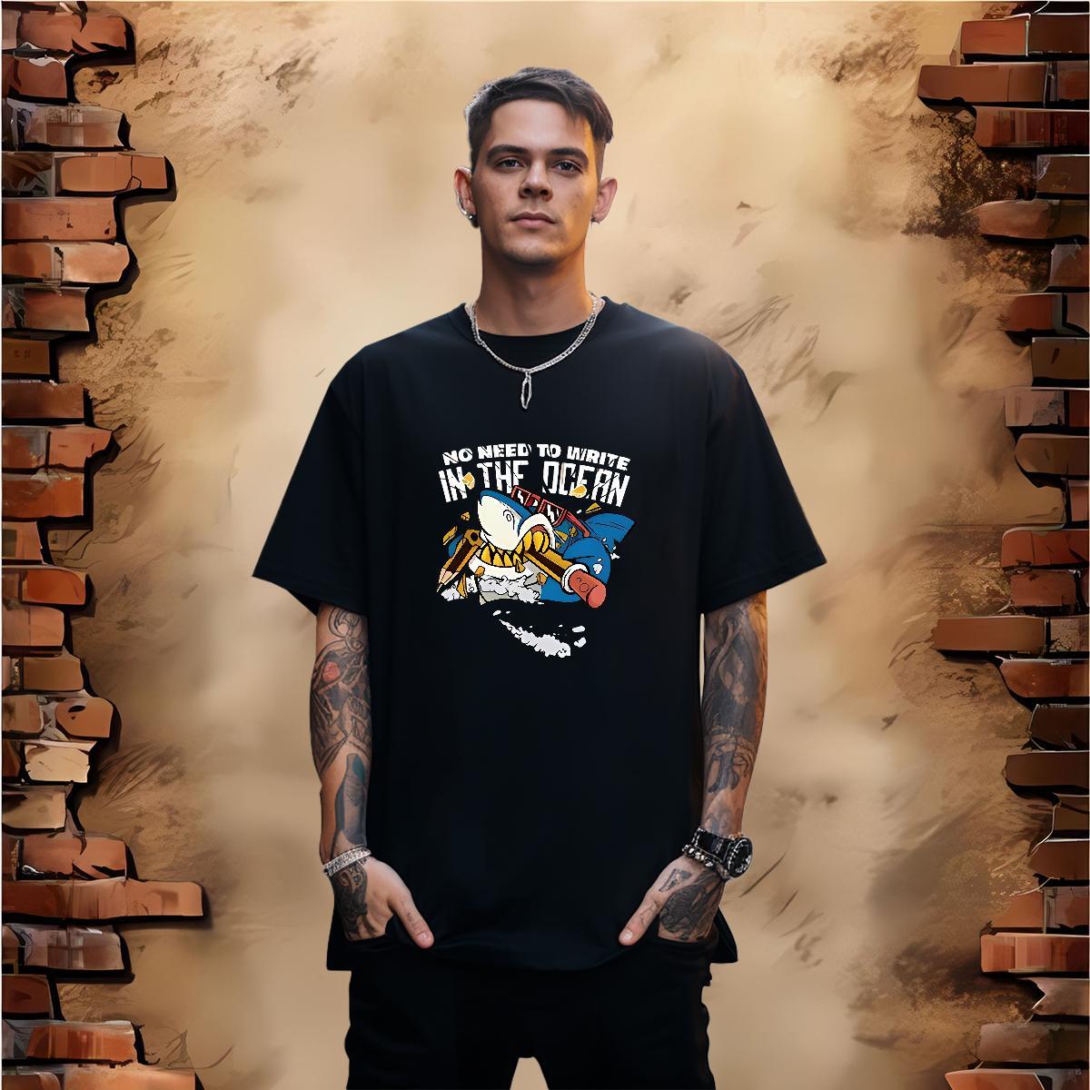 DIY T Shirts Men 100% Cotton 230g shark Daily Wear Tee Shirt Crew Neck Cool Design Men Clothes T-Shirt Plus Size Cartoon