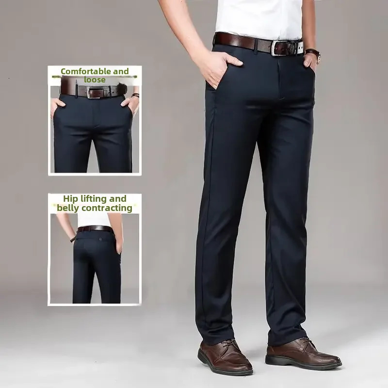 Mens Casual Trousers Business Formal Ice Silk Pants Summer Thin Straightleg Loosefit For Middleaged Men 240806