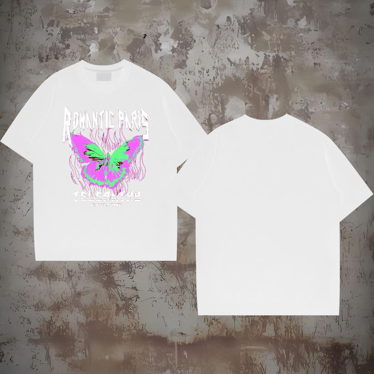 2024 Summer Man T Shirts 230g Cotton Butterfly Hip Hop Street Tops Shirt Breathable Short Sleeve TOP Quality Men Tees Custom Print Oversized