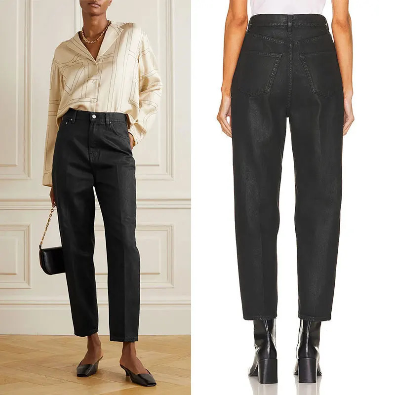 IOO of Spring TOT Pipe Stretch Straight Nine-point Coated Jeans Female High-waisted Thin 240806
