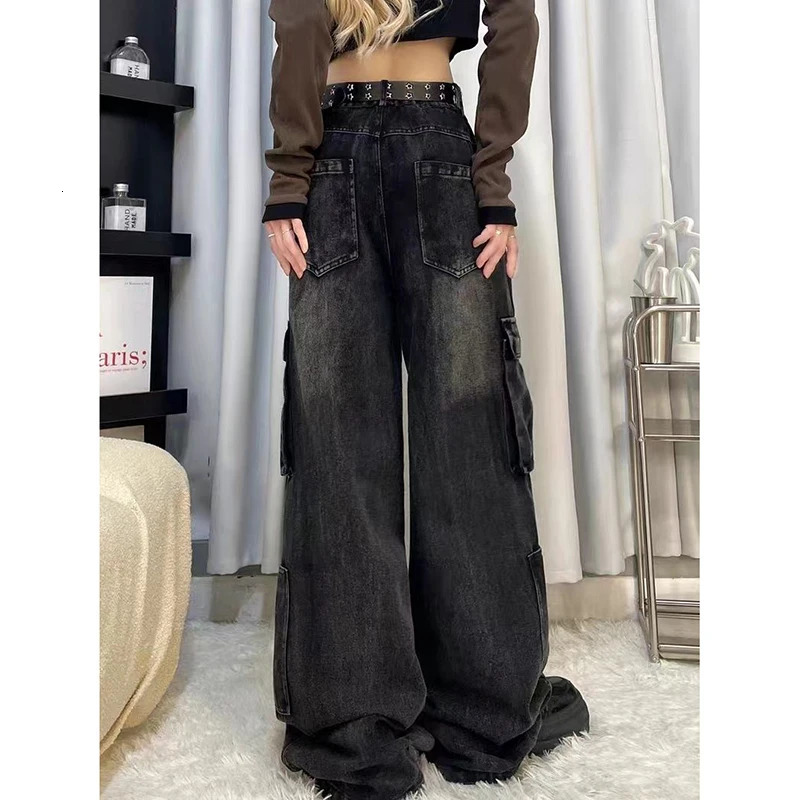 FOTVOTEE Cargo Pants Women Casual Loose Pockets Vintage Streetwear Denim Pants Korean Style Fashion Wide Leg High Waisted Jeans 240806