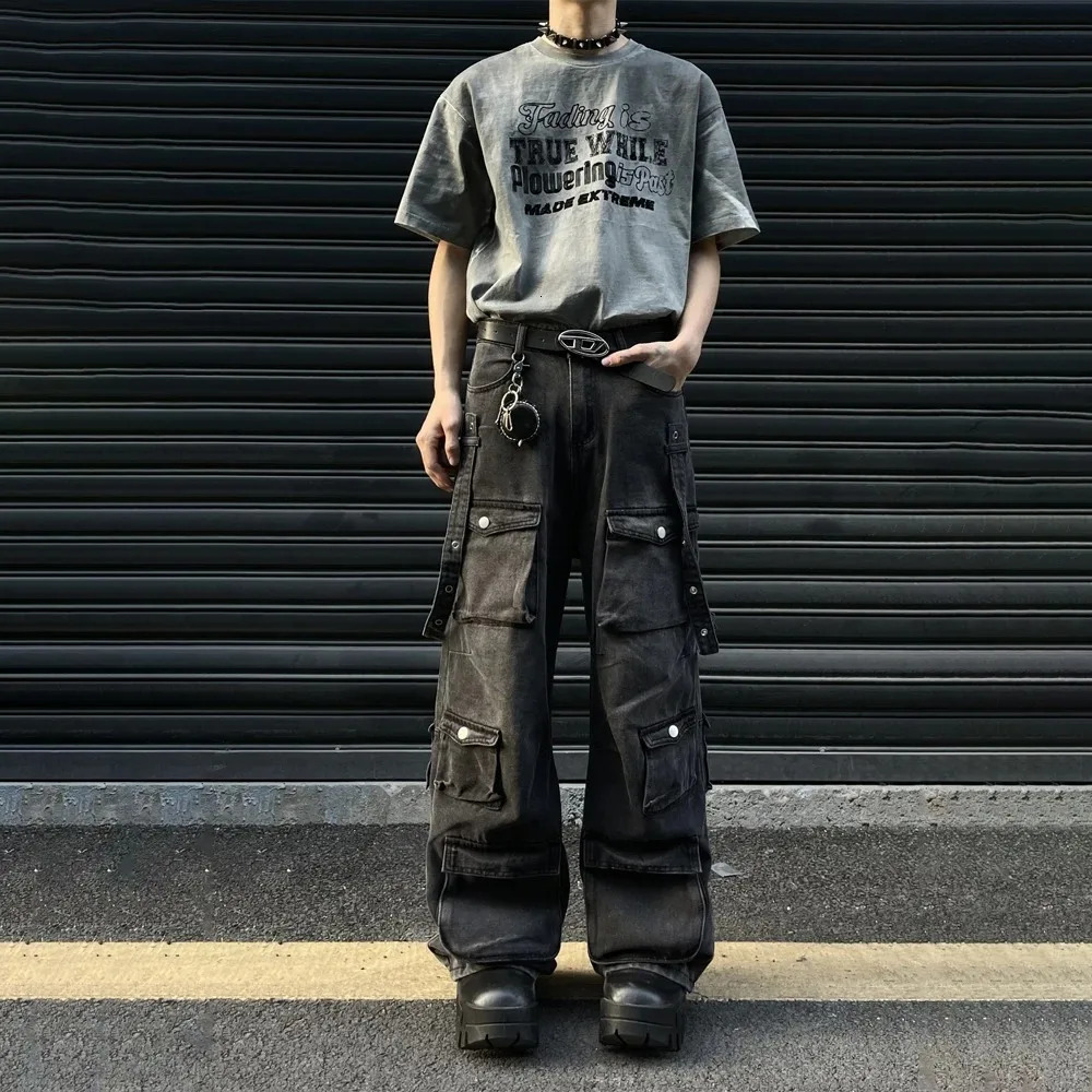 American Retro Yellow Mud Color Multi-pocket Cargo Jeans Mens and Womens Loose Straight Leg Hip Hop Pants Baggy Jeans 240806