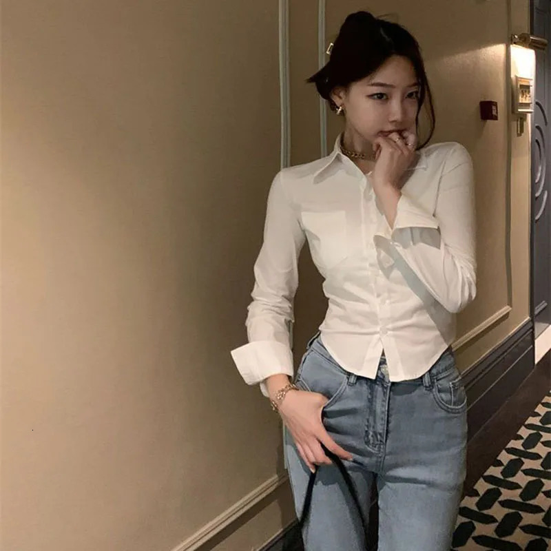 Sexy Skinny Short Women Shirts Spring Autumn Long Sleeve School Uniform Shirt Female Korean Chic Button Up White Shirt Tops 240806