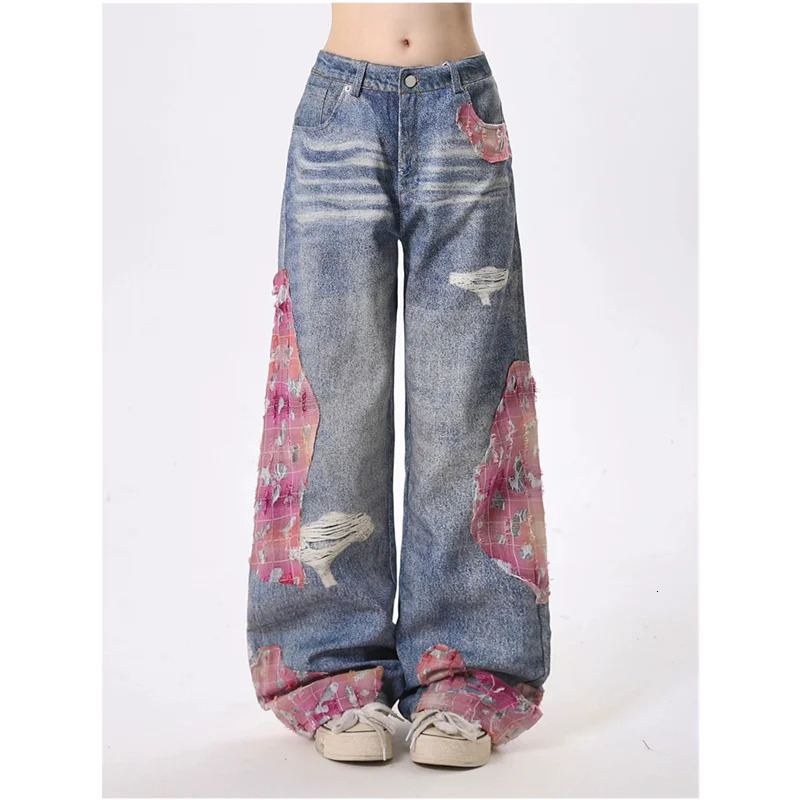 Autumn Vintage Ripped Harajuku Y2K Loose Jeans Hollow Out Tassels Pants Womens Wide Leg Trashy Print Baggy Denim Trouser 240806