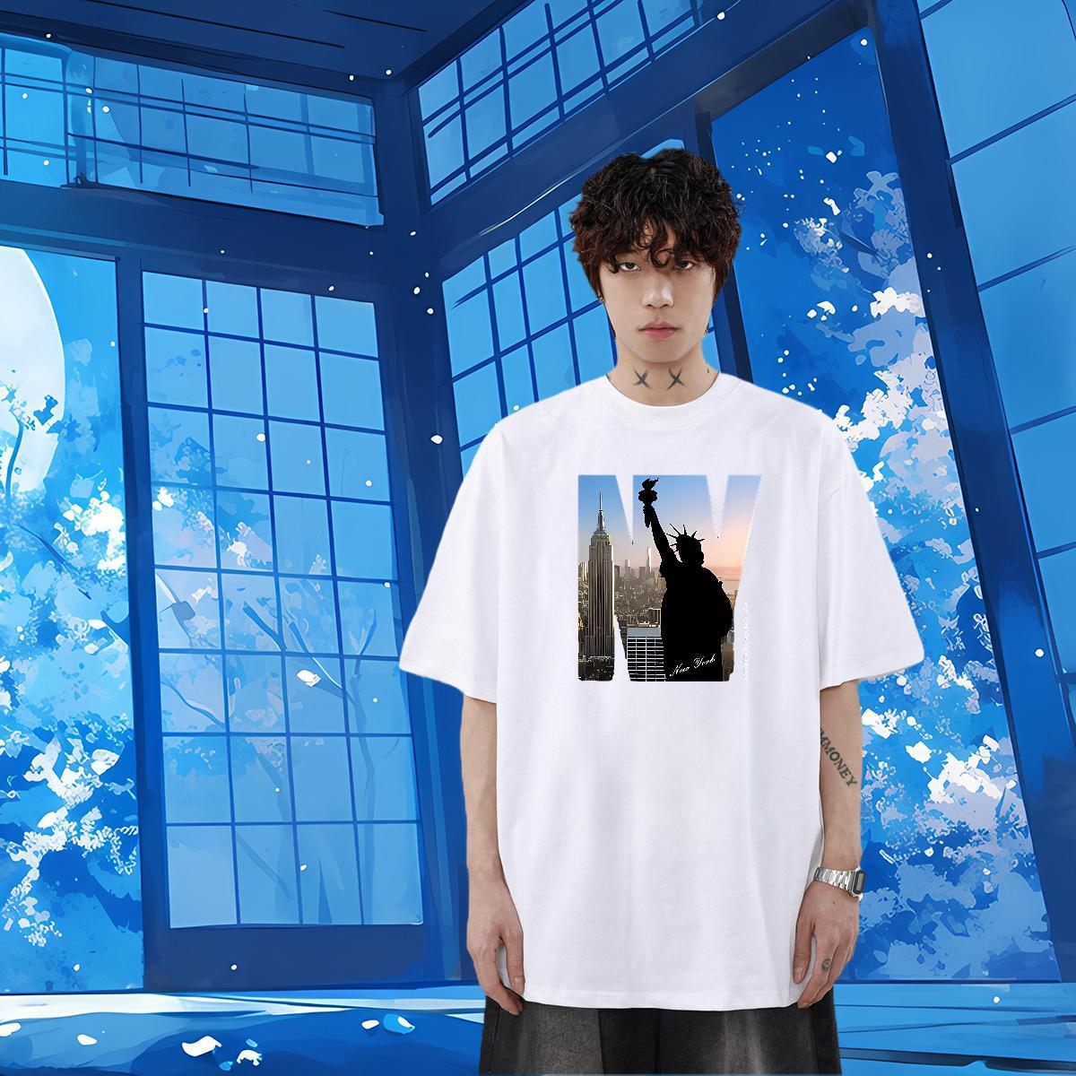 New Designer T-Shirts 230g Pure Cotton the Statue of Liberty Sports Casual Tee Shirt Round Neck Short Sleeve Cool Couples T Shirts Floral Print
