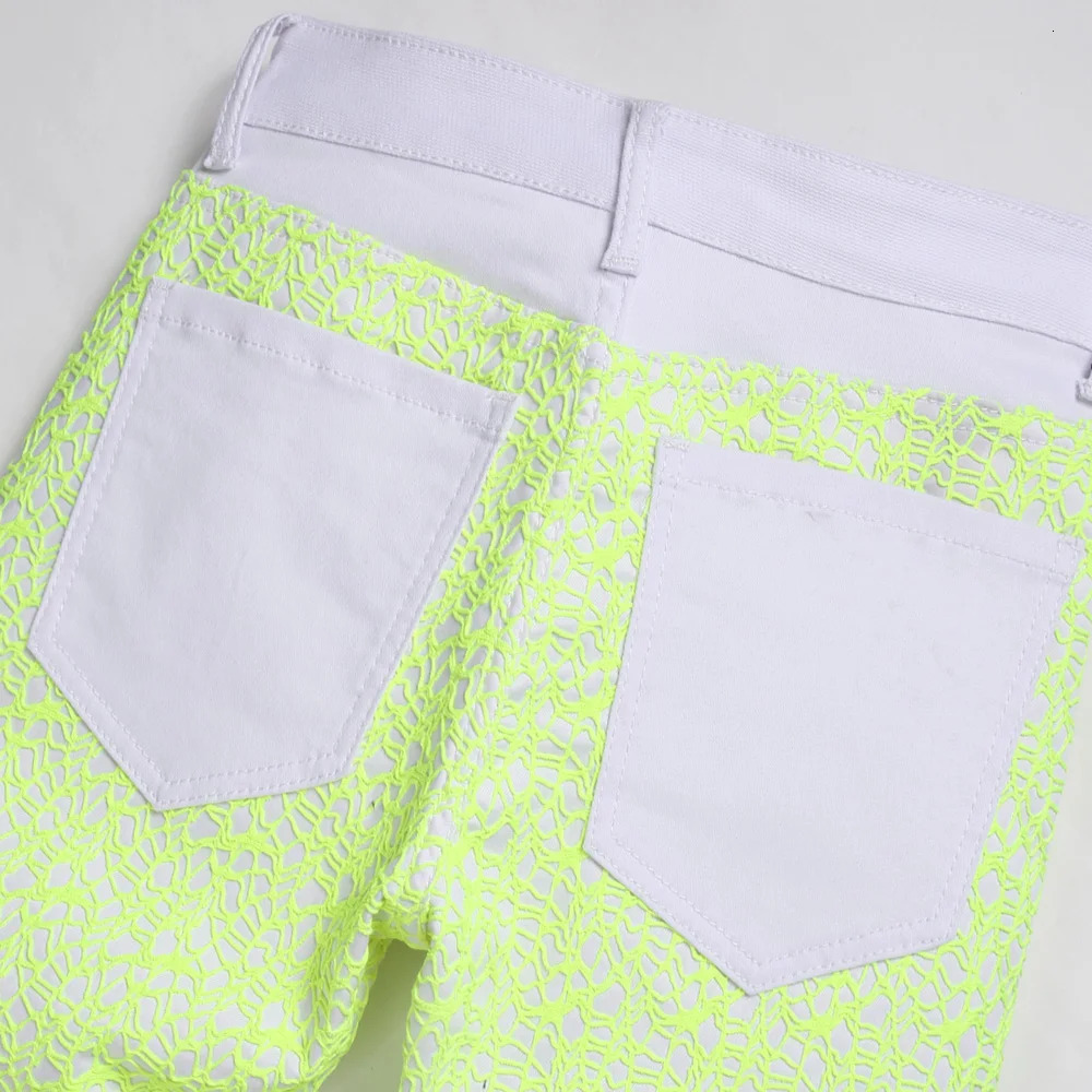 Men Y2K Neon Greeen Denim Jeans Streetwear Spider Web Letters Embroidery Pants Slim Straight Trousers 240806