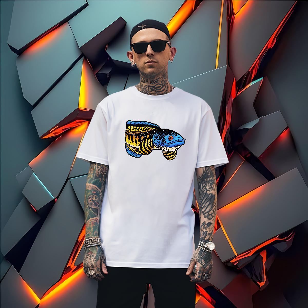 Men T Shirts 100% Cotton 230g fish Beach Breathable Short Sleeve Cartoon Printing L-4XL Men Tshirts New Arrival Loose Fit Tops Tees