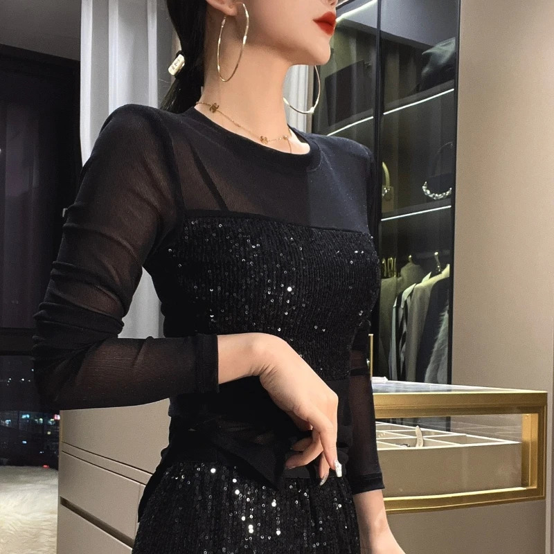 Spring Autumn Fashion Solid Round Neck Long Sleeve T-Shirts Womens Clothing Patchwork Sequin Bottoming Shirt Breathable Tops 240806