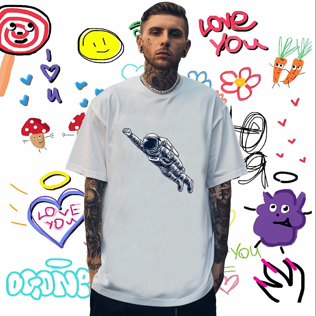 T-Shirts for Men 230g 100% Cotton cosmonaut Hip Hop Street Breathable Short Sleeve Skull Tshirt for Man Woman New Designer Comfortable Tees Shirts