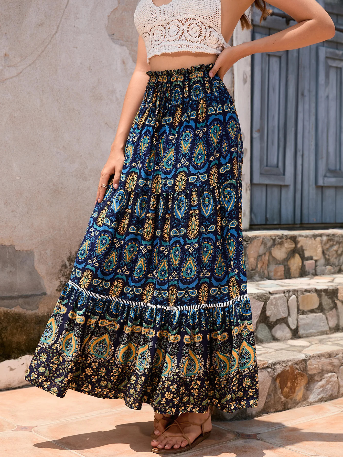 Bohemian Printed Skirt Holiday Women Beach Skirt Travel Long Skirts Ethnic Splicing A-LINE Mid Skirts Womens 240806