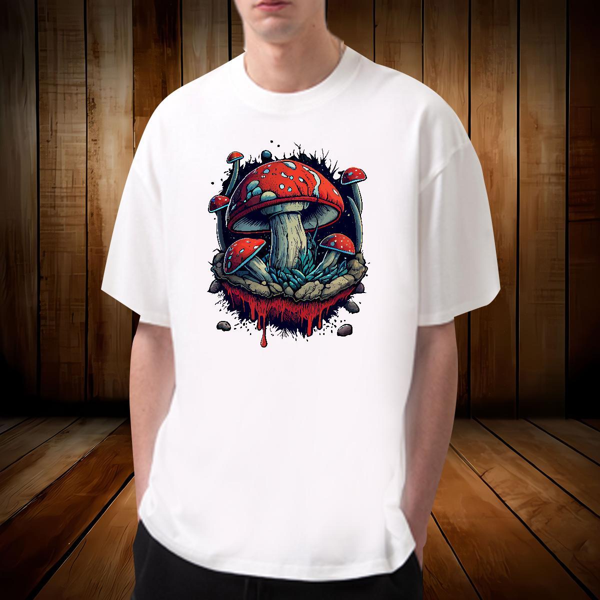 T Shirt For Man 230g Cotton mushroom Casual Beach Crew Neck Floral Print Mens Tshirts New Free Shipping Polos