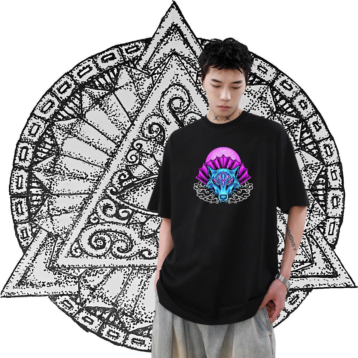 New Designer T-Shirts 230g Pure Cotton wolf Sport Tshirts Breathable Crew Neck High Quality Men Tops Tees White Plus Size