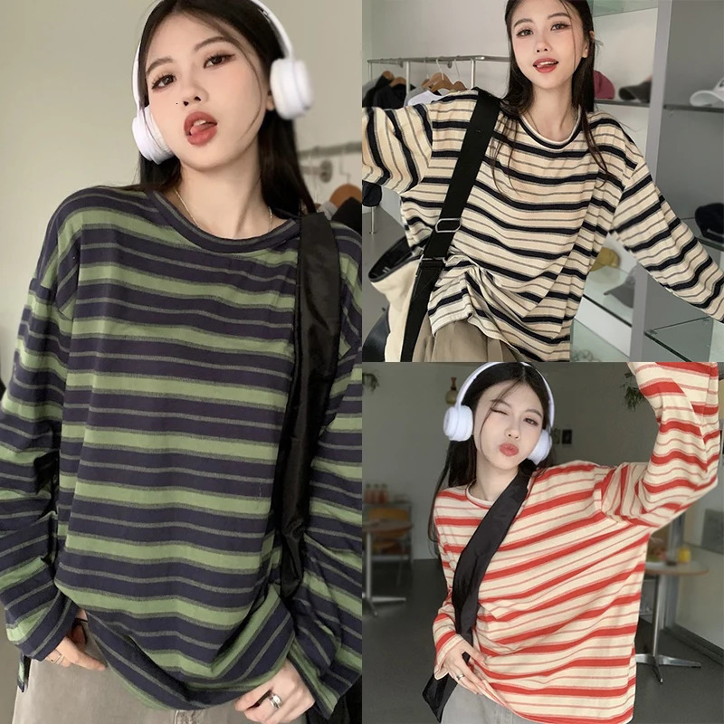 Womens Casual Top Spring Autumn Stripe Contrast Long Sleeves T-Shirt 240806