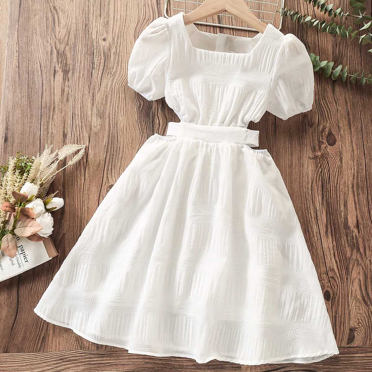 Childrens white dress girls clothing party long dress ball princess clothing childrens summer youth Vestidas 6 8 10 12 years oldW240720