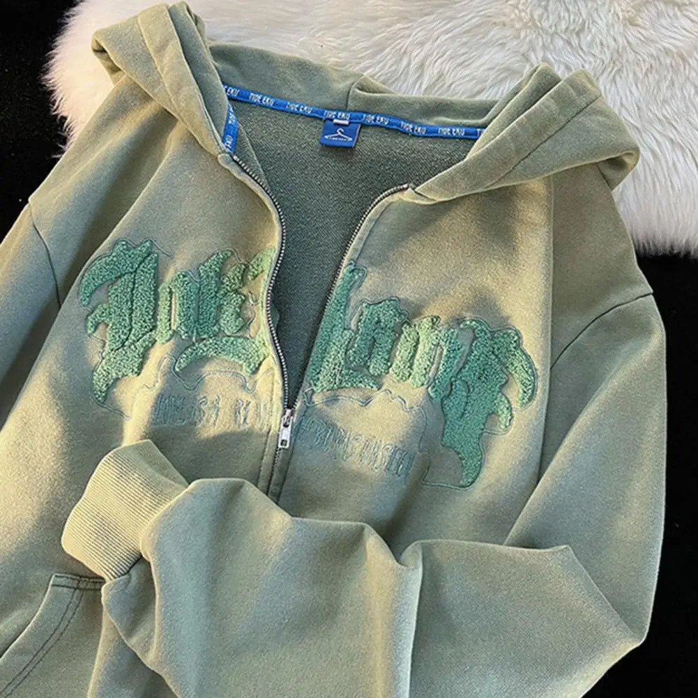 Horn Letter Embroidery Zip Up Hoodie Women Jacket Oversized Long Sleeve Sweatshirt Harajuku Couple American Retro Jacket Tops 240806