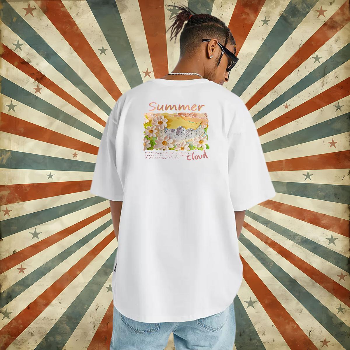 Stylist T-Shirts for Men 230g Pure Cotton flower Hip Hop Wear Breathable Crew Neck Cool Men Tops Tees Anime Print