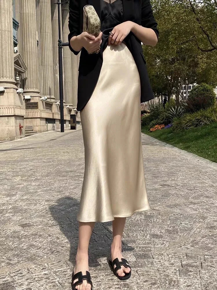 Silk Satin Skirts for Women Korean Style Champagne Office High Waist A-line Skirt Fashion Elegant Solid Long Pencil Skirt 240806