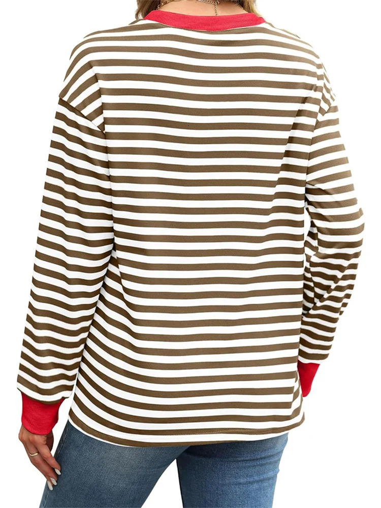CHRONSTYLE Women Long Sleeve T-shirts Tops Striped Print Round Neck Spring Fall Casual Loose Fit Tees Shirts Streetwear 240806