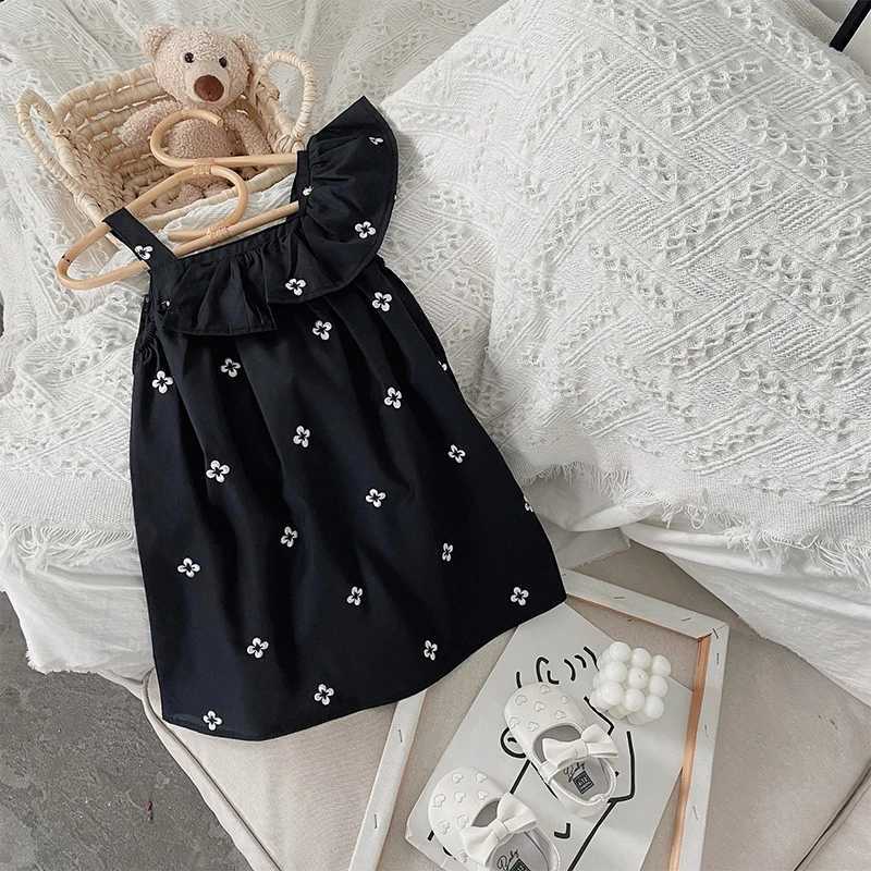 Summer one-piece sleeveless floral midi dress black cotton beach clothing for girls 2023 fashionable and elegant for women 2 to 8 yearsW240720