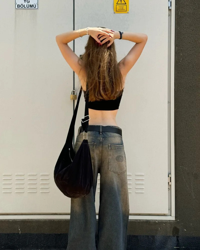 Y2K Harajuku Style Fashion Yellow Washed Baggy Jeans Women Street Vintage Hip Hop Casual High Waist Wide Leg Pants 240806
