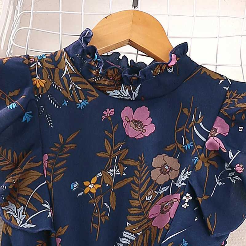 Childrens floral print girls casual dress summer 2023 new childrens sleeveless princess pleated dress with belt clothing 7-14YW240720