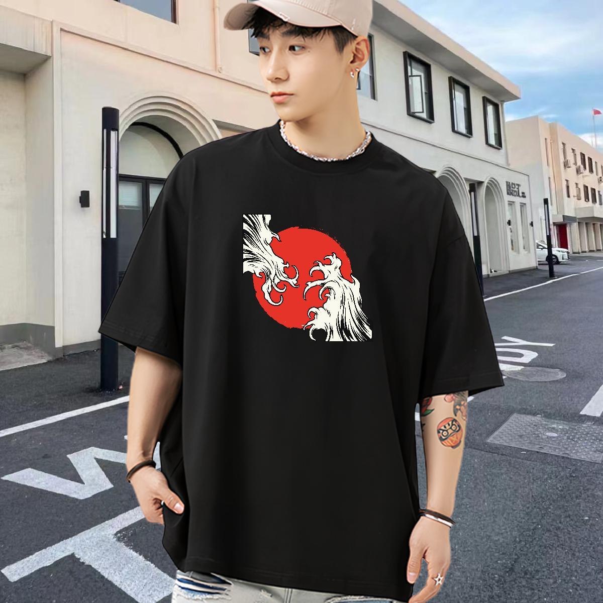 Fashion Casual T-Shirts for Men sea wave Tops Tees 230g 100% Cotton Street Wear Comfortable White Plus Size O-Neck Short Sleeve Tshirt for Man Woman