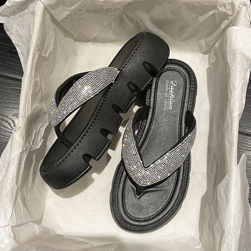 Summer Leisure Beach Slippers Flip Flops Slides Solid Bling Flat Mid Heels Shoes for Women Plus Size