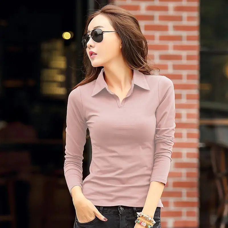 Polos para mujer Spring Autumn shirts and blouses Woman clothing Tops Long sleeve t-shirt POLO NECK SHIRT Solid polo shirt women 240806