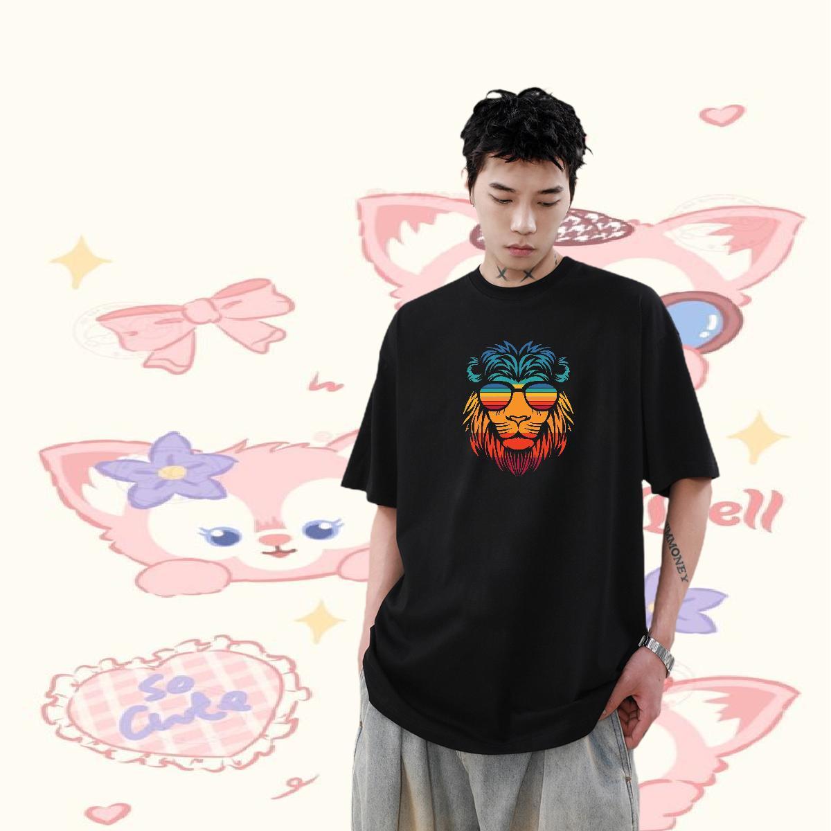 Fashion Casual T Shirts Men 230g Pure Cotton lion Hip Hop Clothings Round Neck Short Sleeve Brand Tshirt for Man Woman DIY Printed