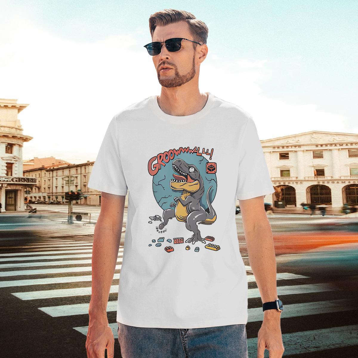 Wholesale Tshirts 100% Cotton 230g dinosaur T Shirt For Man Anime Printing Street O Neck Short Sleeves White Plus Size Free Shipping Tops Tees