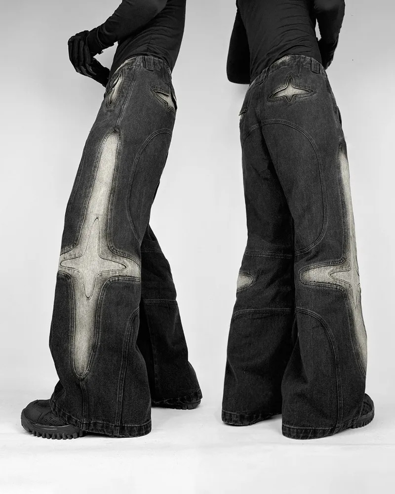 Street Vintage Fashion Washed Old Black Baggy Jeans Men Y2K Harajuku Hip Hop Pop Gothic Leisure High Waist Wide Leg Trousers 240806