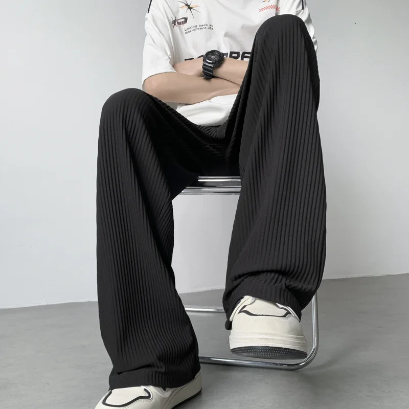 Summer Texture Straight Pants For Men Korean Fashion Baggy Wideleg Trousers Casual Drape Pleated Striped Y2K Pantalones Hombre 240806