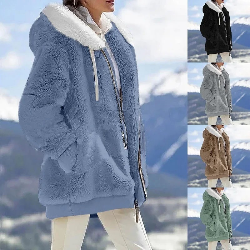 2024 Winter Fashion Women's Coat New Casual Hooded Zipper Clothes Cashmere Women Fleece Jacket Solid Color Ladies CoatsF86#35