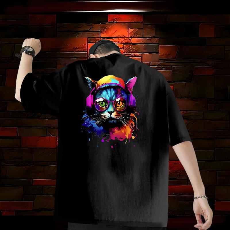 New Arrival T shirt 230g 100% Cotton colorful cat Hip Hop Tops Short Sleeve O-Neck Loose Fit Men Tshirts Customized
