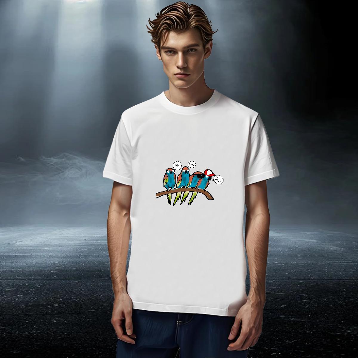 Casual New Mens T Shirts 230g 100% Cotton bird Anime Printing Street Tops Tees O Neck Short Sleeves TOP Quality Men Tops Tees White Plus Size