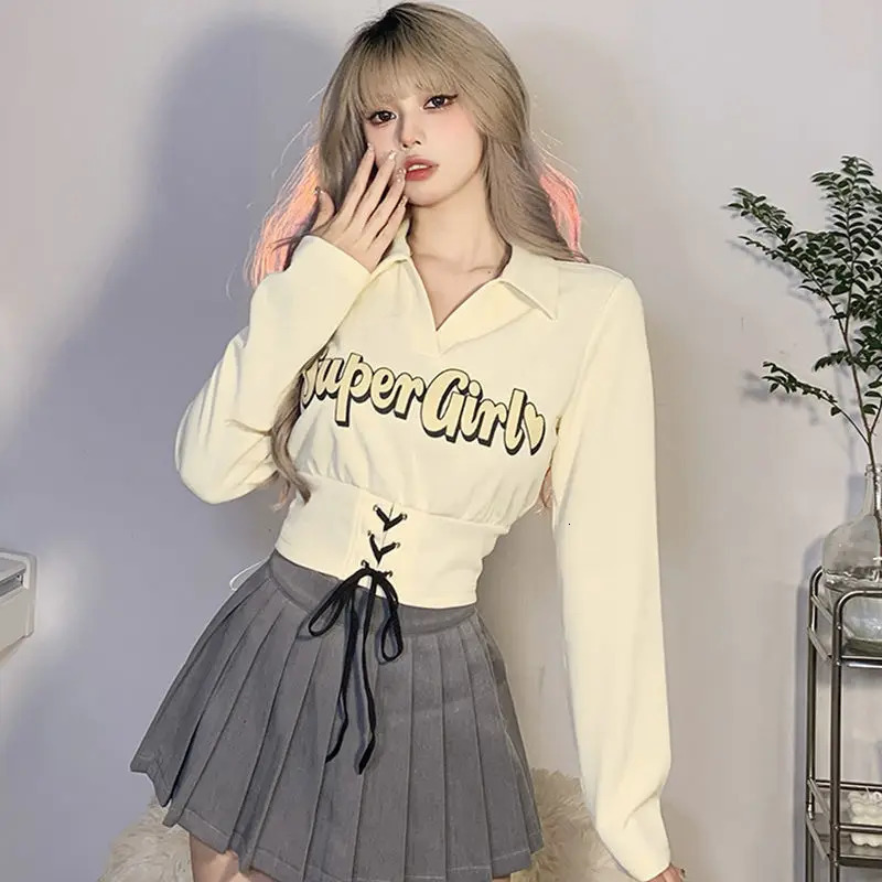 Sweet Short Lace T-shirt Spring/Summer Style Polo Neck Long Sleeve Solid Letter Printing Trend Top T-shirt Fashion Y2K Womens Wear 240827