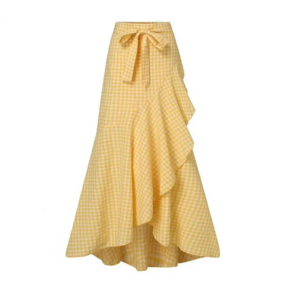 Women Summer Maxi Skirt Elegant Lace-up Ruffle Trim Maxi Skirt with Plaid Print Bow Tie Detail High Waist Irregular for Women 240806