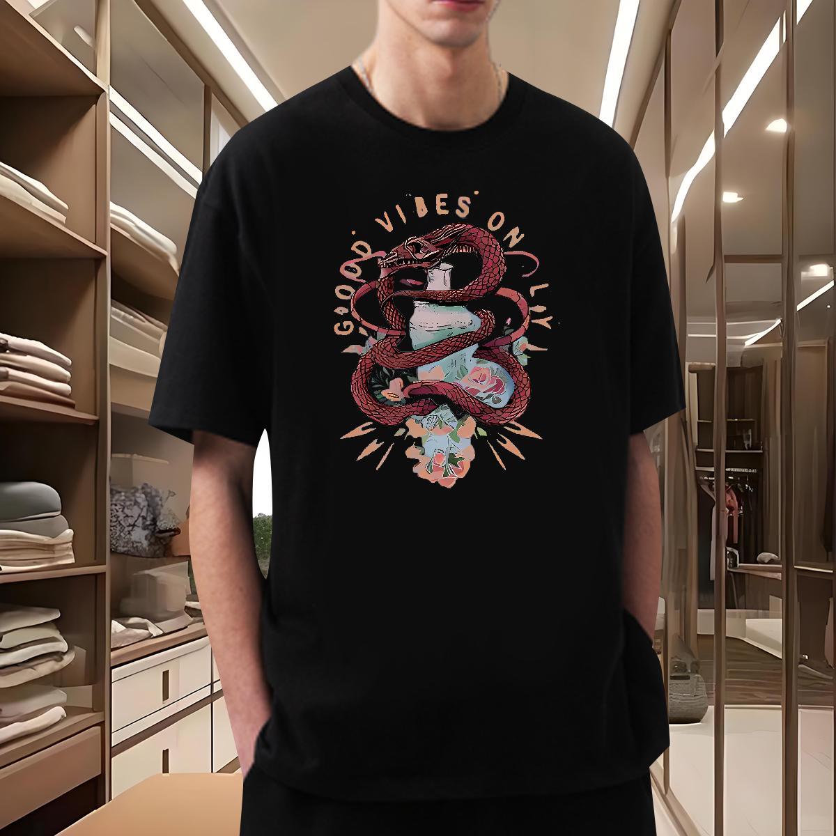 Fashion Casual T Shirts Men 230g 100% Cotton snake Beach Tees Shirts Breathable Crew Neck Designer Men Clothes T-Shirt Anime Print