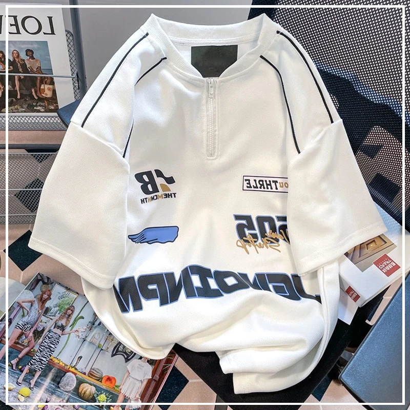 Street Fashion Leisure Retro Style Korean Version Letter Printing Zipper Couple Rock Loose Fitting Womens T-shirt Summer 240806