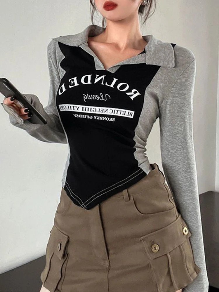Letter Print Polo T-shirt Womens Spring Long Sleeve Cotton Crop Top Korean Fashion Patchwork Irregular Aesthetics Tight Y2k Top 240827