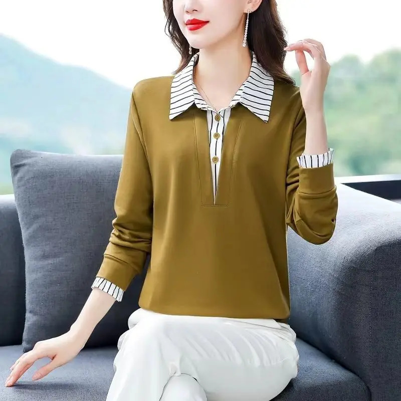 Spring Summer Tee Shirt Womens Clothing Long Sleeve Loose Turn-down Collar Striped Button Patchwork Elegant Fashion Casual Tops 240806